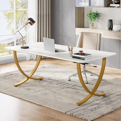 Tribesigns Executive Desk, 63” W x 31.5” D Large Office Desk, Modern Computer Desk Conference Table Meeting Room Table, Business Furniture for Home Office, White and Gold by Tribesigns