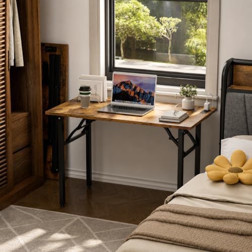 Folding Table Computer Desk - 43.3" No Assembly Folding Desk with Power Outlets & USB Charging Port, Small Desk, Foldable Office Desk, Compact Storage Portable Use for Small Space, Rustic Brown - Image 2