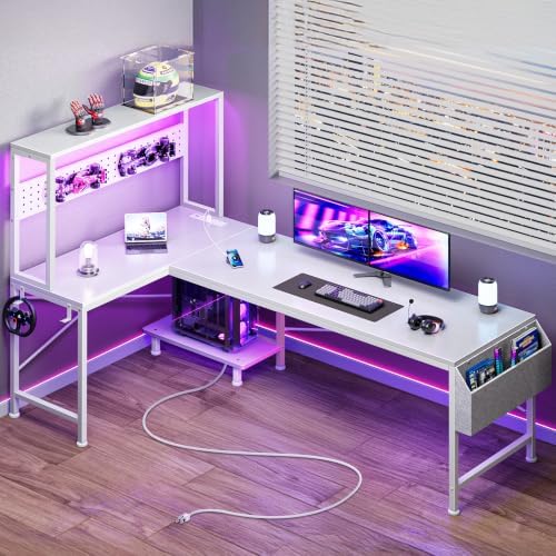 PRAISUN L Shaped Gaming Desk with LED Lights & Power Outlets by PRAISUN