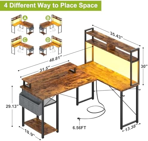 Besiost 48" Small L Shaped Desk Gaming Desk with Power Outlets & Led Lights - Image 2