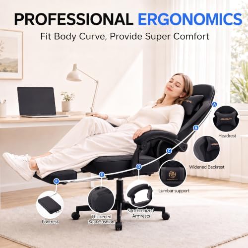 Desk Computer Gaming Chair - High Back Ergonomic Office Chair with Footrest and Lumbar Support, Swivel Comfy Home Gamer Video Game Chairs with Pocket Spring Cushion for Adults (Black Leather) - Image 5
