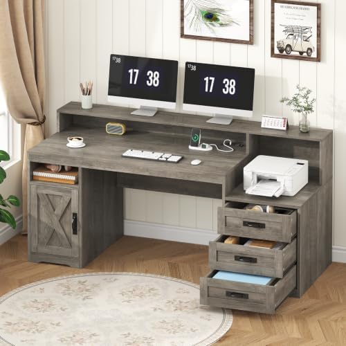 65" Farmhouse Computer Desk with Drawers and Printer Stand for Home Office by TVU