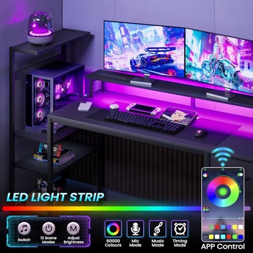 51in Gaming Computer Desk with Drawers & Power Outlet & LED Lights, Black - Image 4