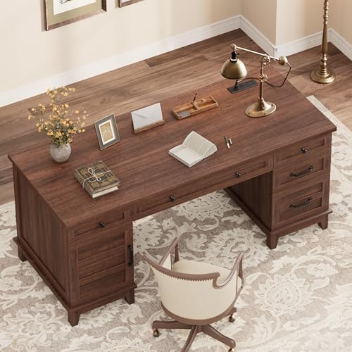 Garvee 60" Wooden Home Office Desk with File Drawers, Executive Desk with Adjustable Cabinet, Farmhouse Wood Desk with Power Outlet, Distressed Study and Work Table, Rustic Brown - Image 3