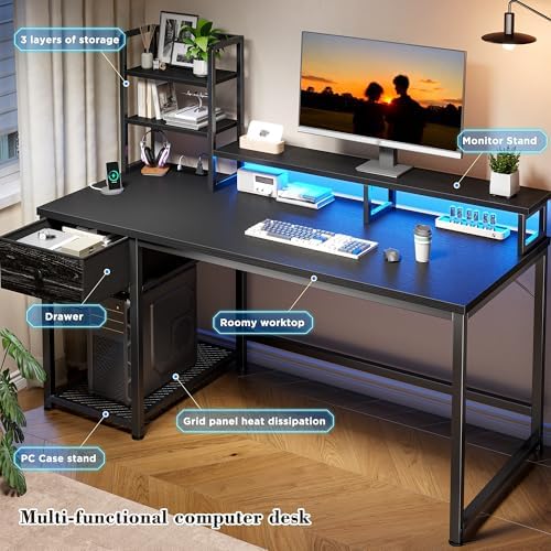 EnHomee 55 Inch Gaming Desk with Hutch and Drawers,Black - Image 4