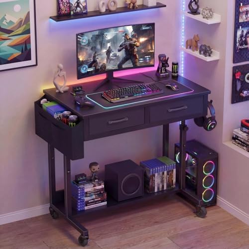Small Portable Rolling Standing Desk - 32 Inch Adjustable Mobile Stand Up Gaming Desks with 2 Fabric Drawers on Wheels, Couch Sofa Side Laptop Table with Storage for Home Office, Black - Image 2