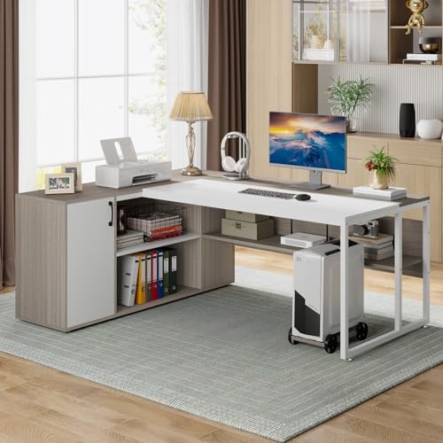 Tribesigns 71 inch Executive Desk, L Shaped Desk with Cabinet Storage, Executive Office Desk with Shelves, Business Furniture Set Workstation for Home Office, Gray and White - Image 4