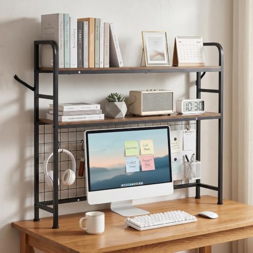 2-Tier Desktop Bookshelf Organizer, Dorm Desk Hutch with DIY Grid by DONGRONG