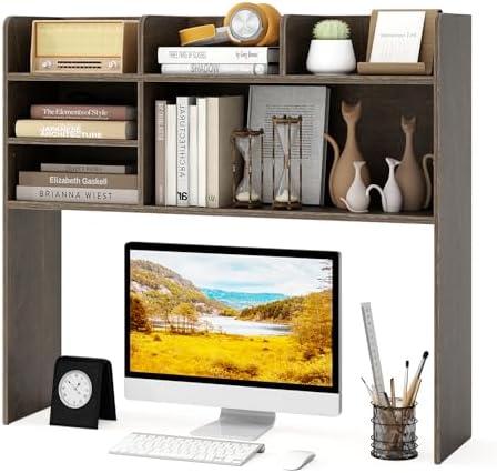 GOFLAME 6 Shelves Desktop Bookshelf, 37” Desk Hutch Dorm for Computer Monitor Up to 32”, 3-Tier Countertop Display Rack, Wood Desk Storage Organizer Shelf for Home Office, Study, Gray by GOFLAME