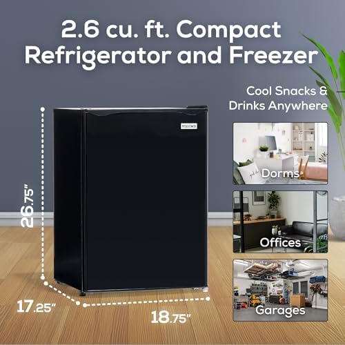 Igloo 2.6 Cu.Ft Mini Fridge with Freezer- Single Door Compact Refrigerator with Glass Shelves for Homes, Dorms & Offices- Keep Snacks, Drinks & Frozen Foods Cool with Temperature Control Fridge- Black - Image 2