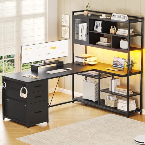 SEDETA 58'' L Shaped Computer Office Desk with 3 Drawers and Bookshelf by SEDETA