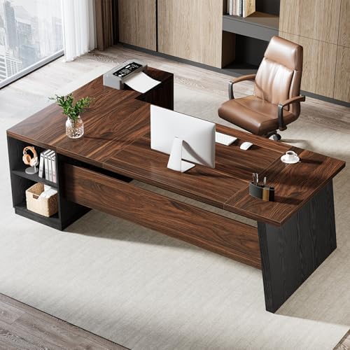 Tribesigns 78" L Shaped Executive Desk, Large Office Desk with Drawers and Storage Shelves, Modern Corner Computer Table Business Furniture for Home Office (Walnut & Brown) - Image 4