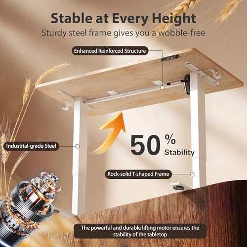 Cubiker Standing Desk, 55x24 Inches Sit Stand Home Office Desk, Electric Stand up Desk, Adjustable Desk with Splice Board, White Frame/Maple Top - Image 6