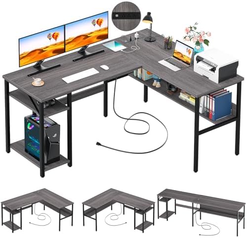 Unikito Reversible L Shaped Desk with Magic Power Outlets and USB Charging Ports, Sturdy Corner Computer Desk with Storage Shelves, Gaming Table Home Office Desk, Easy to Assemble, Enoch Walnut by Unikito