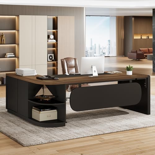 Tribesigns 80'' L-Shaped Desk, Large Executive Office Desk with 55'' Drawers Cabinet, Modern Commercial Office Table with Storage Shelves, Business Furniture for Home Office, Brown & Black by Tribesigns