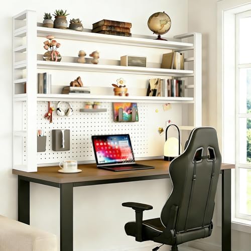 2/3/4 Tier Desk Hutch, Freestanding Desktop Bookshelf, Metal Desk Shelf with Pegboard, Desk Shelves for Top, for Dorm Office and Home(White+White,21 * 9 * 49in) by ZUGIATP