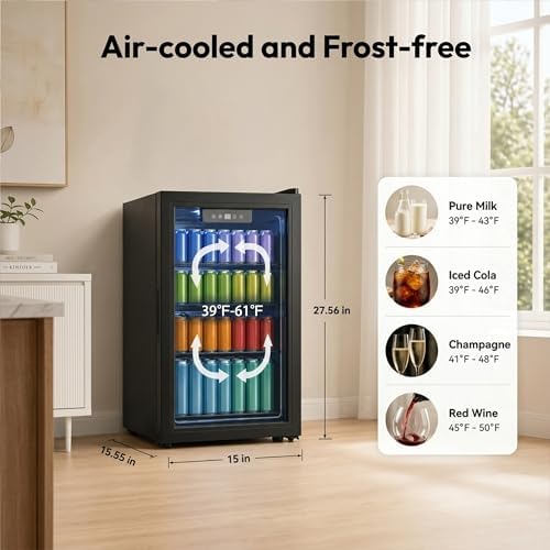 Dawmilon 3.2 Cu.Ft Beverage Refrigerator, 126 Can Beverage Cooler, Glass Door Drink Fridge, Mini Fridge with Digital Temperature Control and Air Cooling System for Beer Soda Wine Home Office Bar - Image 2
