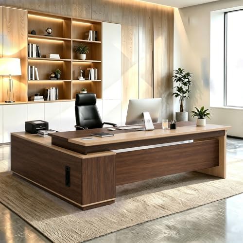 L Shaped Executive Desk with Drawers, Large Wood Workstation, Modern Executive Office Furniture for Home Office and Business Workspace, Multiple Sizes & Colors by Unknown