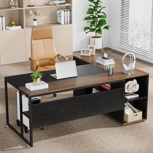Tribesigns 71 inch Executive Desk, L Shaped Desk with Cabinet Storage, Executive Office Desk with Shelves, Business Furniture Workstation for Home Office, Black and Brown - Image 5