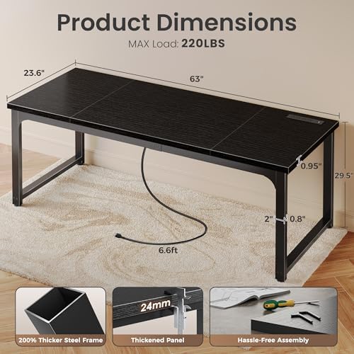 Huuger 63 x 24 inch Desk with Power Outlets & 0.95 Inch Thicker Desktop - Image 2