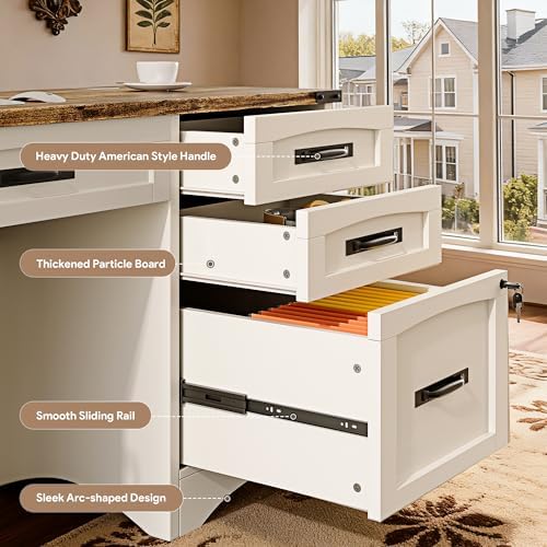 Decofy Farmhouse Executive Desk with Drawers, 55" Home Office Desks with Fast Charging Station, Lockable File Cabinet, Wood Writing Computer Desk for Work, Study, White - Image 3