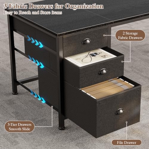 Furologee 63" L Shaped Desk with Power Outlets & USB-C Port, Reversible Corner Computer Desk with 3 Fabric Drawers, Hooks, Home Office Desk for Gaming, Writing, Work, Black - Image 3
