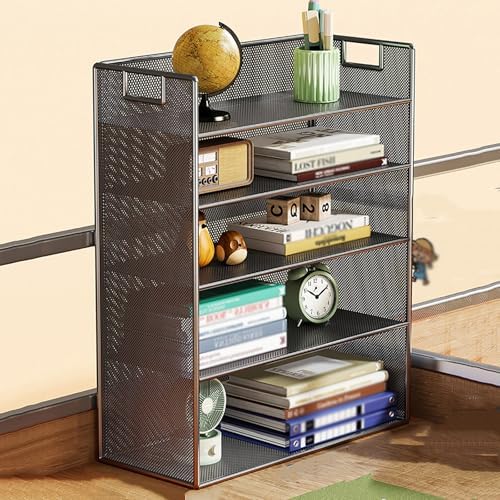 Mesh Metal Dorm Desk Hutch with Handle,Desktop Bookshelf Organizer,Office File Paper Tray Organizer for Home Office,School Supplies(15.7" W x 6.3" D x 23.6" H, Black 5 Tier) by Unknown
