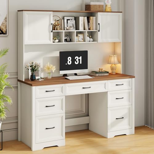 Vabches Farmhouse Executive Desk with 7 Drawers and Storage Cabinet, Rustic Large Home Writing Desk with Hutch, Workstation for Bedroom, White by Vabches