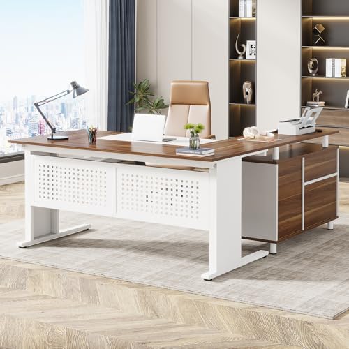 Tribesigns 63 Inch Executive Desk with File Cabinet, L Shaped Office Desk with Drawers and Storage Shelves, Business Furniture Set Workstation for Home Office, White and Walnut by Tribesigns