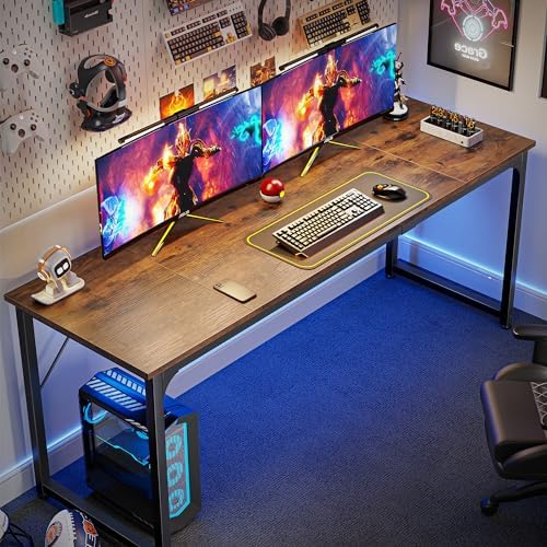 Huuger Computer Desk, 70 Inch Office Desk, Gaming Desk with Storage, Writing Desk Work Desk for Home Office, Study, Long Simple Desk, Large Legroom, Metal Frame, Rustic Brown - Image 4