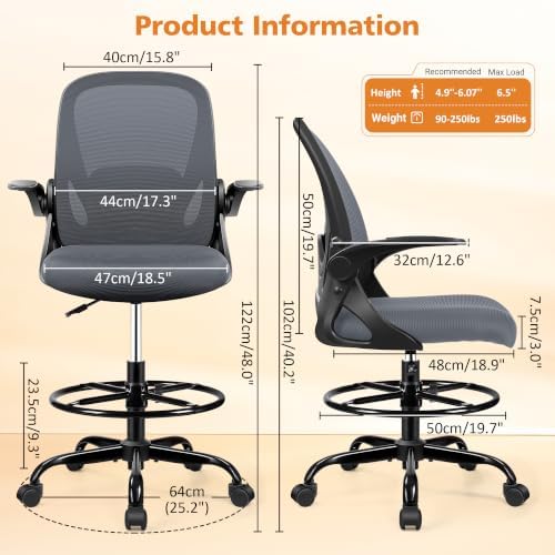 Drafting Chair Tall Office Chair with Flip-up Armrests, Adjustable Height, Enhanced Lumbar Support Ergonomic Rolling Stool, Back Support, Adjustable Foot Rest Ring for Standing Desk Dark Gray - Image 3