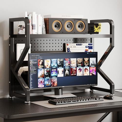 Desktop Hutch Bookshelf,Metal Desktop Bookcase with Pegboard, Desk Shelf,Countertop Storage Organizer Rack for Dorm Or Office,Vanity,Bedroom,Bathroom(Black,22in/55cm) by ZMNXAS