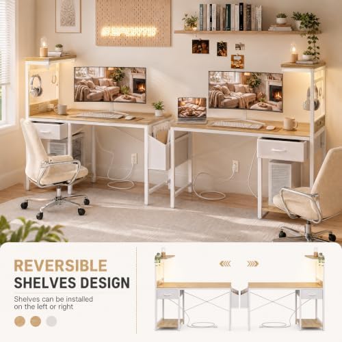 Grandder Computer Desk 40 Inch with Power Outlet and LED Light Oak - Image 4