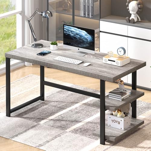 FOLUBAN 47 Inch Home Office Desk, Modern Computer Desk with Storage Shelves, Small Study Writing Gaming Table Workstation for Living Room Bedroom, Industrial Light Grey by FOLUBAN