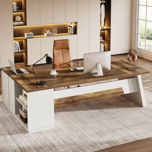 Tribesigns 78" L-Shaped Executive Desk, Large Modern Office Desk with Drawers and Lateral File Cabinet, Business Furniture with Storage Shelves, Big Computer Desk for Home Office (Brown + White) by Tribesigns