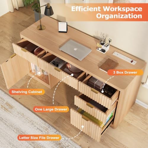 58" Fluted Executive Desk with Storage & Charging Station, Wood Modern Home Office Desk with 4 Drawers, 1 File Cabinet, 1 storage Cabinet, Computer Writing Desk for Work, Living Room, Bedroom, Natural - Image 5
