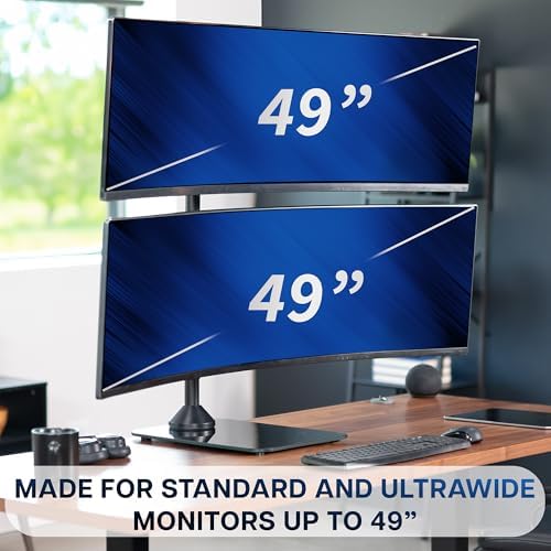 VIVO Dual Vertically Stacked Ultra-Wide Monitor Desk Stand with Glass Base, Extra Tall Adjustable Mount for 2 Ultrawide Screens up to 49 inches, 44 lbs Per Screen Capacity, Black, STAND-V202LG - Image 2