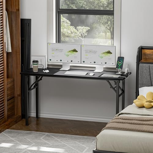 TEMI Long Computer Desk Folding Table - No Assembly, Compact 55.1" Foldable Desk with Power Outlets & USB Charging Port, Portable Lagre Office Desk, Study Table for Narrow Spaces, Dark Oak - Image 2