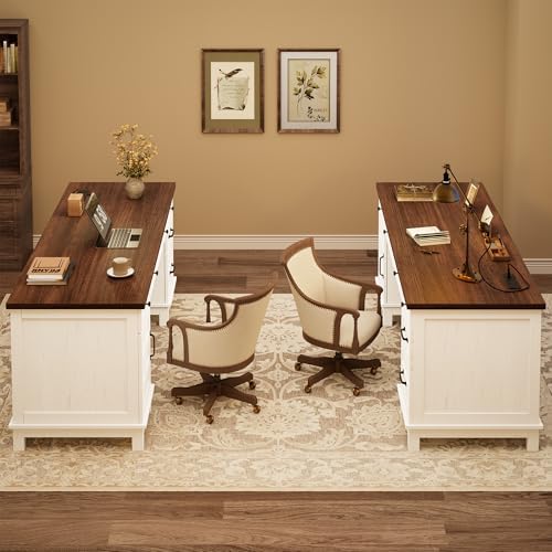 Garvee 60" Wooden Home Office Desk with File Drawers, Executive Desk with Adjustable Cabinet, Farmhouse Wood Desk with Power Outlet, Distressed Study and Work Table, Rustic White - Image 6
