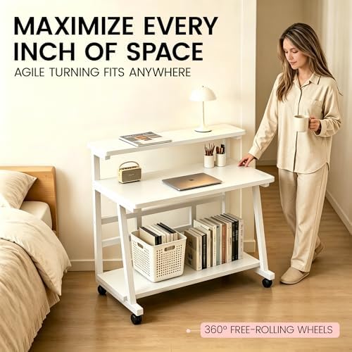 47.2 Inch Compact Rolling Computer Desk with Tier Worktable & Lockable Wheels, Small Computer Desk, Small Desk for Bedroom, Mobile Writing Workstation Easy Assembly for Home Office Small Spaces - Image 6