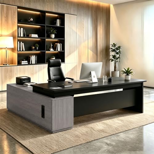 L Shaped Executive Desk with Drawers, Large Wood Workstation, Modern Executive Office Furniture for Home Office and Business Workspace, Multiple Sizes & Colors by Unknown