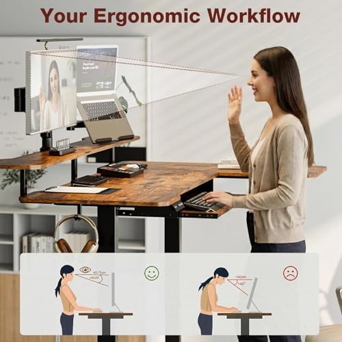 Acrolix 59" L Shaped Standing Desk with Shelves Keyboard Tray,Rustic Brown - Image 5