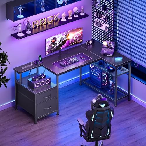 Korfile 49 Inch L Shaped Gaming Desk with Power Outlets, Black - Image 2