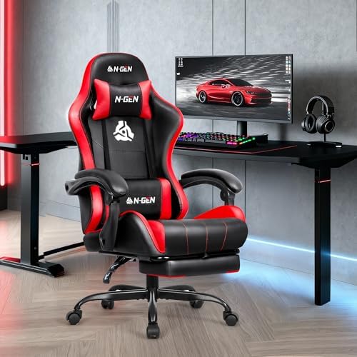 N-GEN GAMING Gaming Chair with Footrest, Lumbar, High-Back, Red Black - Image 2