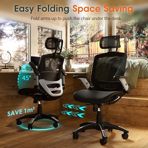 GABRYLLY Ergonomic Office Chair, High Back Home Desk Chair with Headrest, Flip-Up Arms, 90-120° Tilt Lock and Wide Cushion, Big and Tall Mesh Chairs for Man Woman, Black Task Chair - Image 3