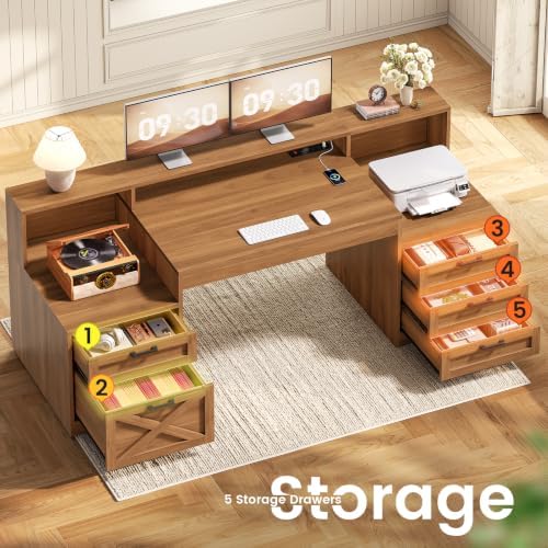 SEDETA 63" Farmhouse Computer Desk with 5 Drawers, Brown - Image 3