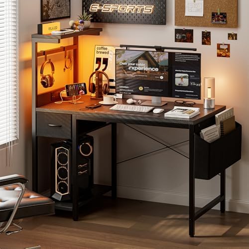 Grandder Gaming Desk 47 Inch with Power Outlet and LED Light, Computer Desk with Reversible Shelves and Storage Drawer, Pc Small Desk for Home Office Table with Bag, Carbon Fiber Black - Image 2