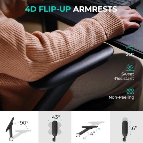 CAPOT Ergonomic Mesh Office Chair, Adjustable Lumbar High Back Desk Chair 400lbs, 4D Flip-up Arms, 3-Level Tilt Backrest, 3D Headrest, PU Wheels, Swivel Rolling Computer Seating for Long Desk Work - Image 6