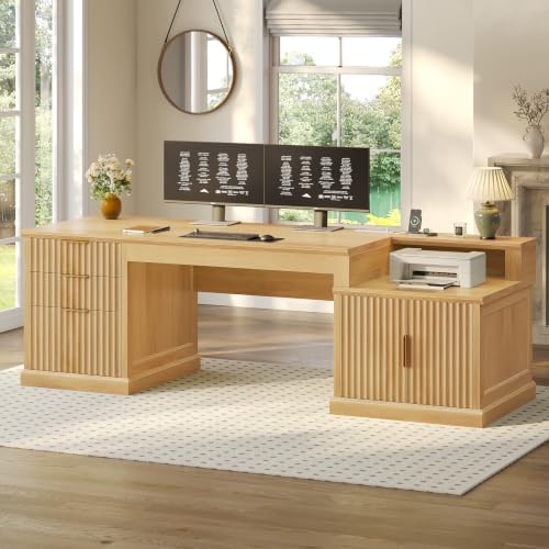 SEDETA 70.9" Executive Desk, Fluted Office Desk with Drawers, Oak by SEDETA