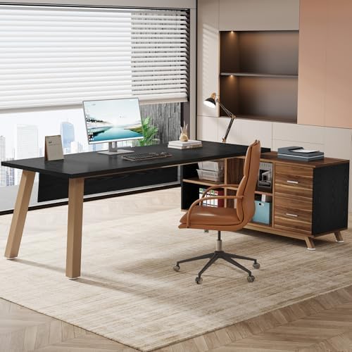 Tribesigns 78.7-Inch Executive Desk, L-Shaped Desk with 55-Inch Cabinet, Large Office Desk with Storage Shelves, Modern Computer Desk for Home Office, Black & Walnut - Image 3
